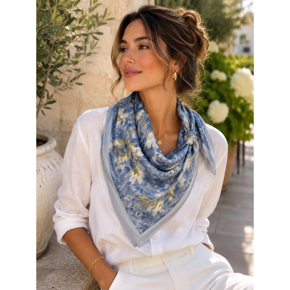 Carlisle Silk Watercolor Botanical Floral Scarf Blue Ivory 35 X 35 Old Money
